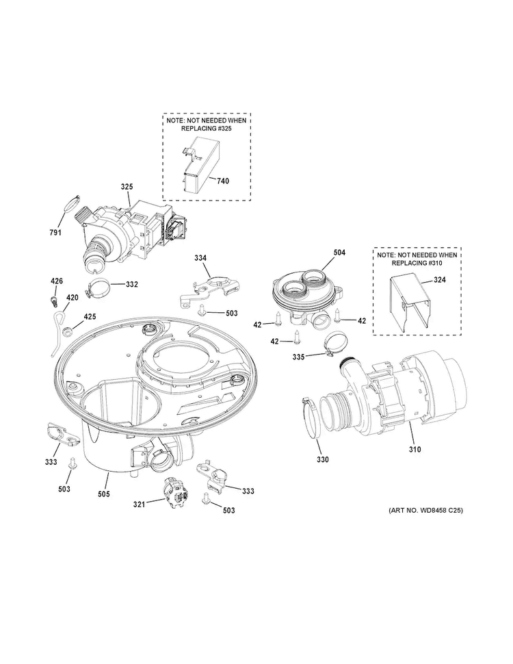Sump & Motor Mechanism Diagram and Parts List for GDF520PGD4BB  General Electric Dishwasher