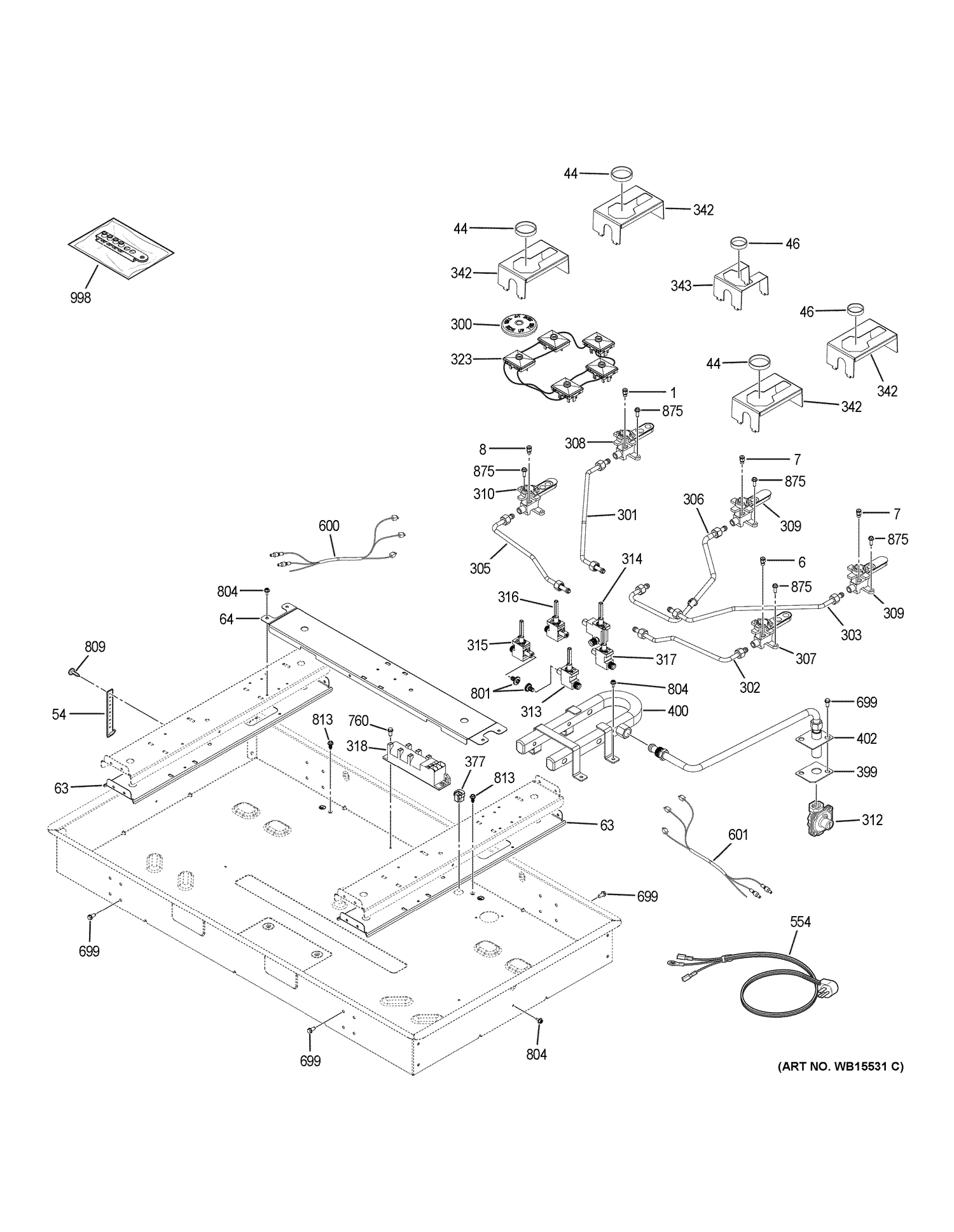 GAS & BURNER PARTS Diagram and Parts List for JGP5536DL1BB  General Electric Cooktop
