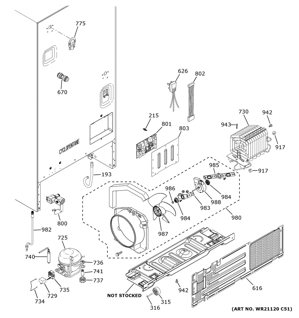 Machine Compartment Diagram and Parts List for GFE26JGMXFWW  General Electric Refrigerator