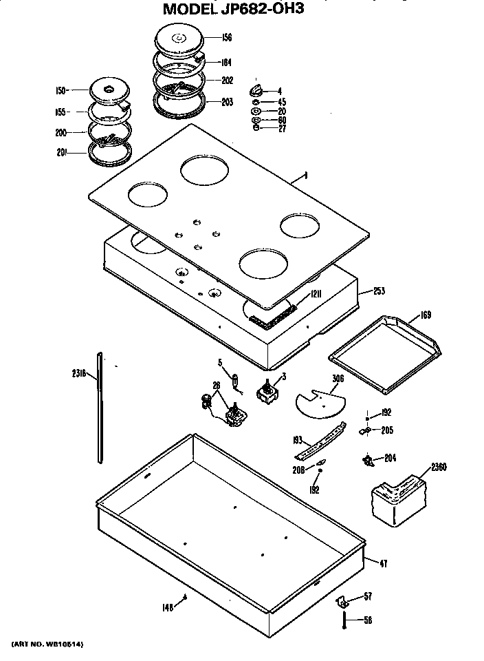 Cooktop Diagram and Parts List for JP6820H3  General Electric Cooktop
