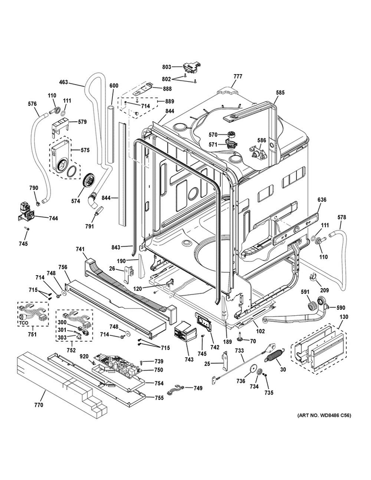 Body Parts Diagram and Parts List for PDT846SSJ0SS  General Electric Dishwasher