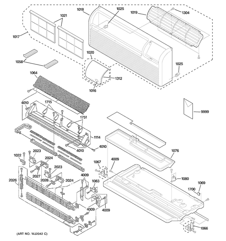 Grille, Heater & Base Pan Parts Diagram and Parts List for AZ41E12DABW2  General Electric Air Conditioner