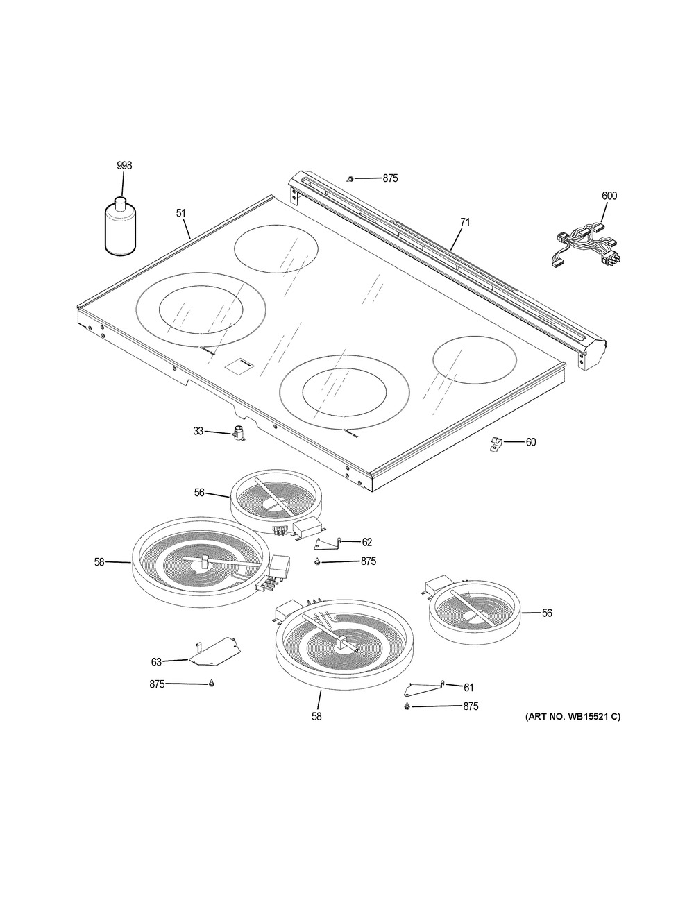Cooktop Diagram and Parts List for JS645DL2WW  General Electric Range