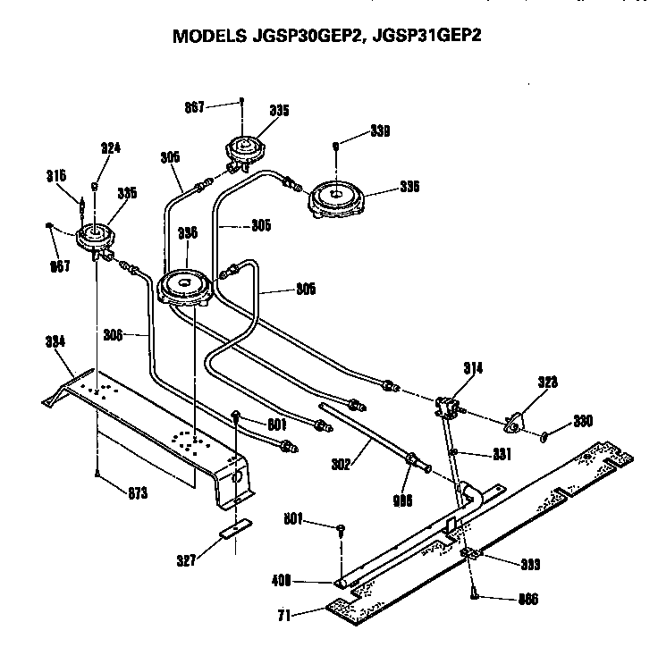 Burner Assembly Diagram and Parts List for JGSP30GEP2  General Electric Range