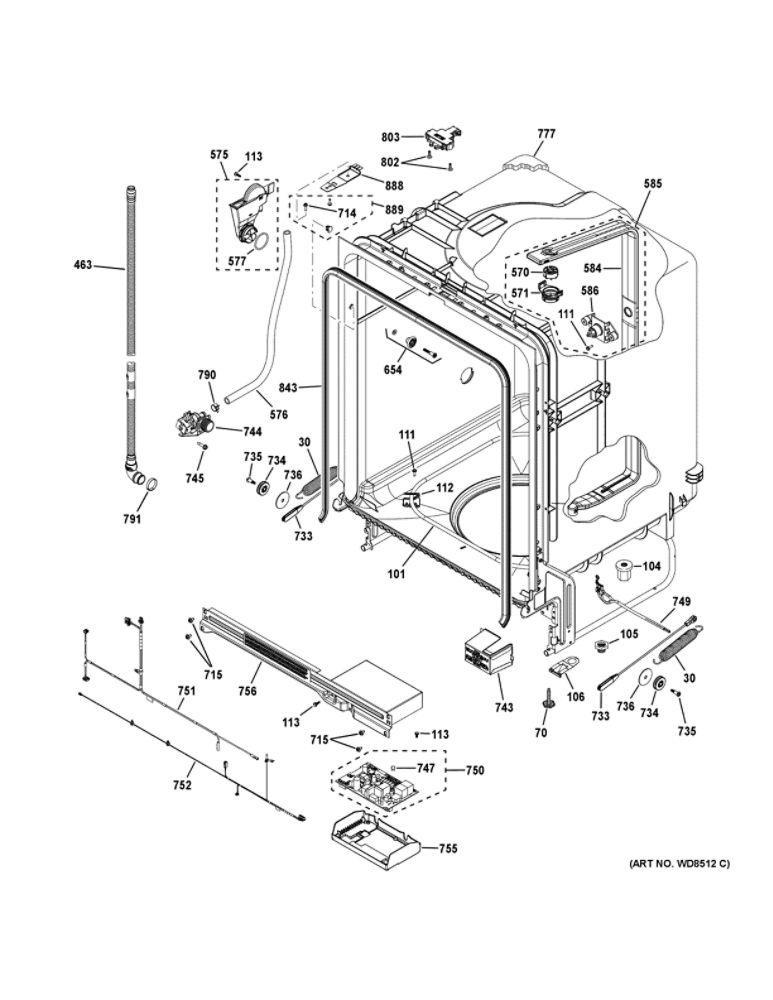 Body Parts Diagram and Parts List for GDT530PGP6BB  General Electric Dishwasher