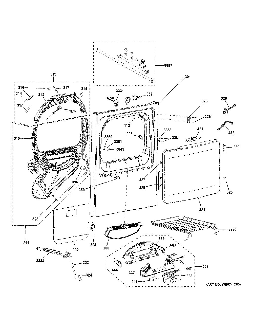 Front Panel And Door Diagram and Parts List for PTD90GBPT0DG  General Electric Dryer