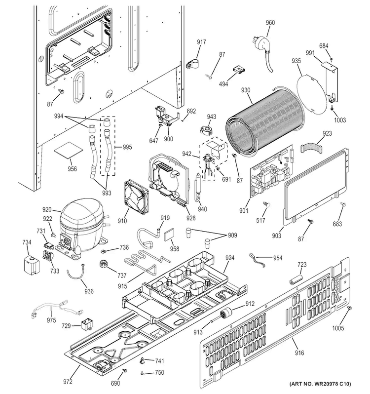 Machine Compartment Diagram and Parts List for GFE27GGDCWW  General Electric Refrigerator