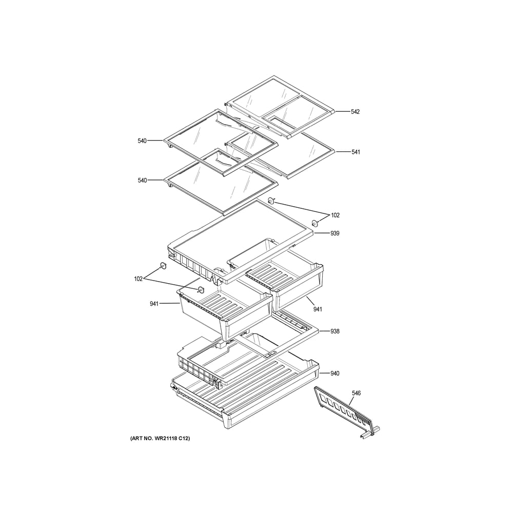 Fresh Food Shelves Diagram and Parts List for GNE27JGMZFBB  General Electric Refrigerator
