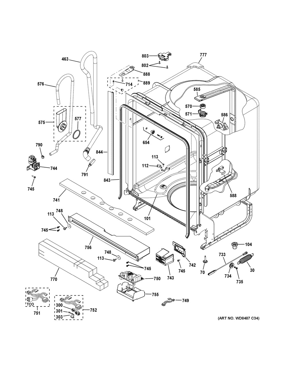 Body Parts Diagram and Parts List for GDT635HMJ6ES  General Electric Dishwasher