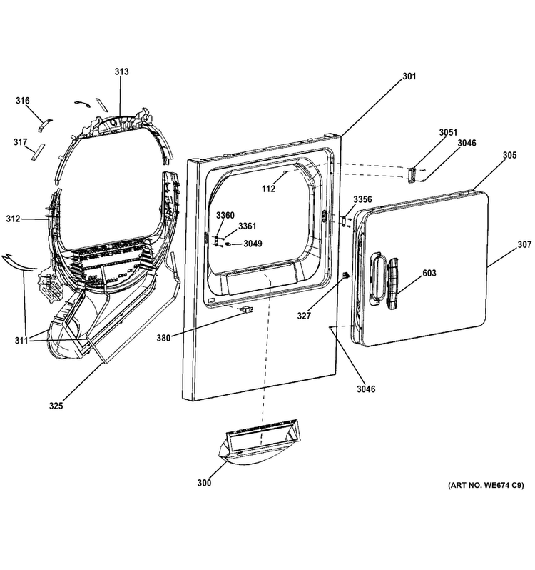 Front Panel & Door Diagram and Parts List for DIST333JTNWW  General Electric Dryer