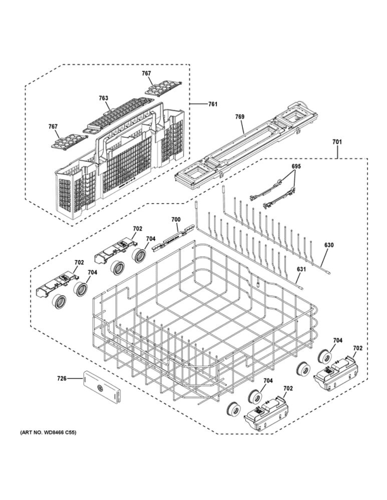 Lower Rack Assembly 1 Diagram and Parts List for DDT700SGN8BB  General Electric Dishwasher