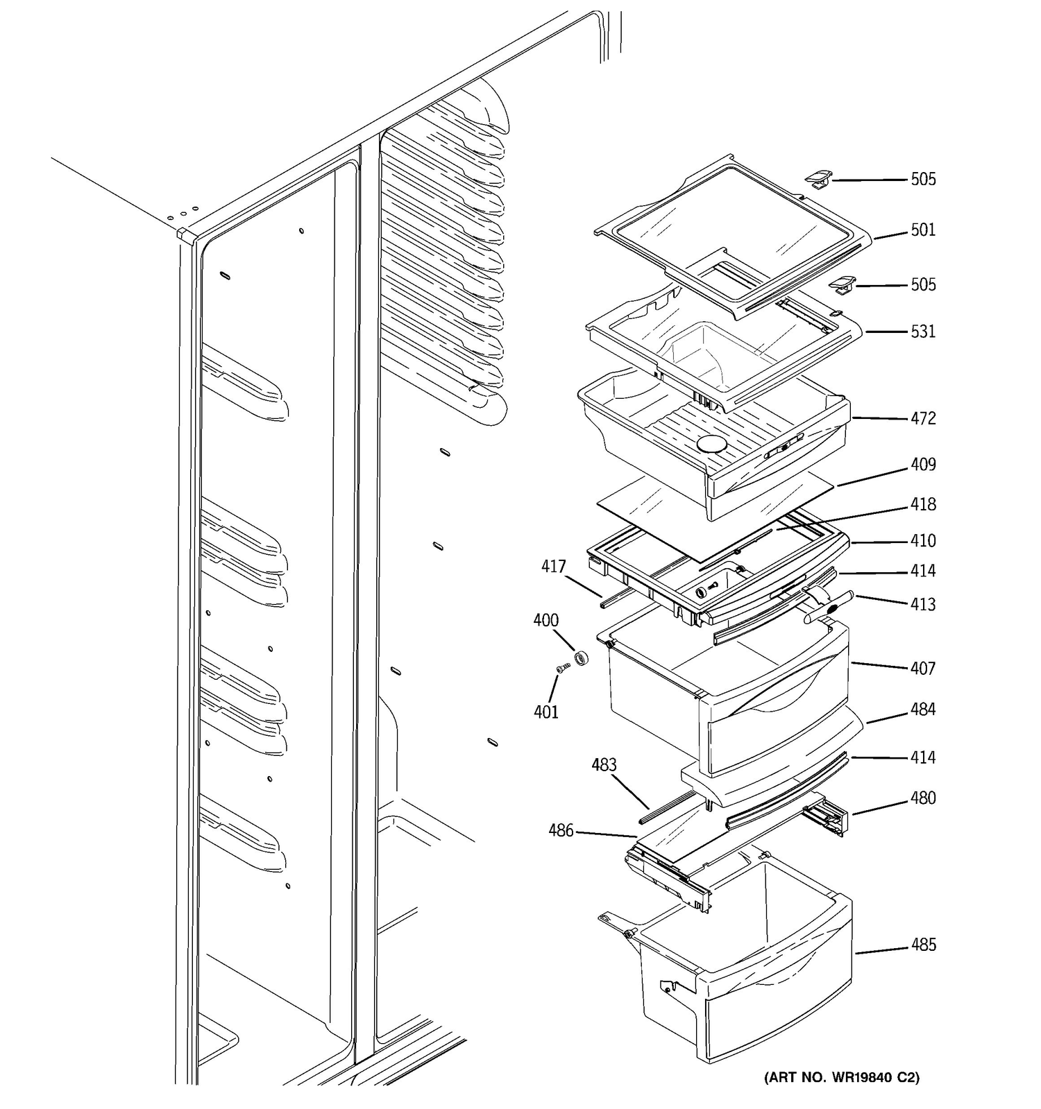 FRESH FOOD SHELVES Diagram and Parts List for DSE26JGECCBB  General Electric Refrigerator