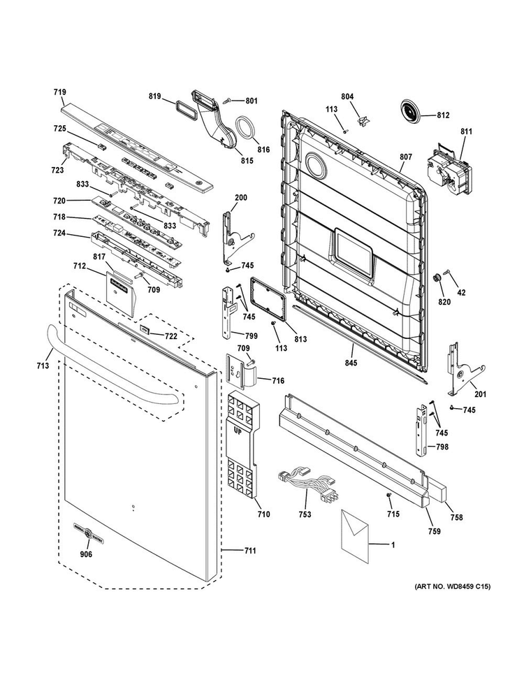 Escutcheon & Door Assembly Diagram and Parts List for ADT521PGJ0WS  General Electric Dishwasher