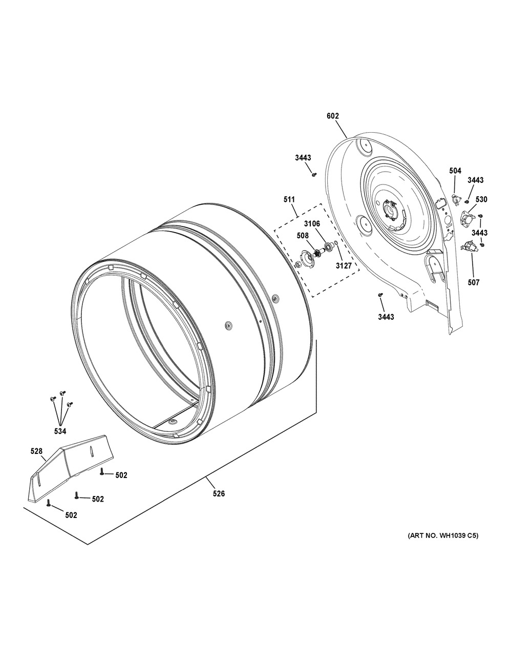Drum Diagram and Parts List for XUD27GSSM1WW  General Electric Washer Dryer Combo