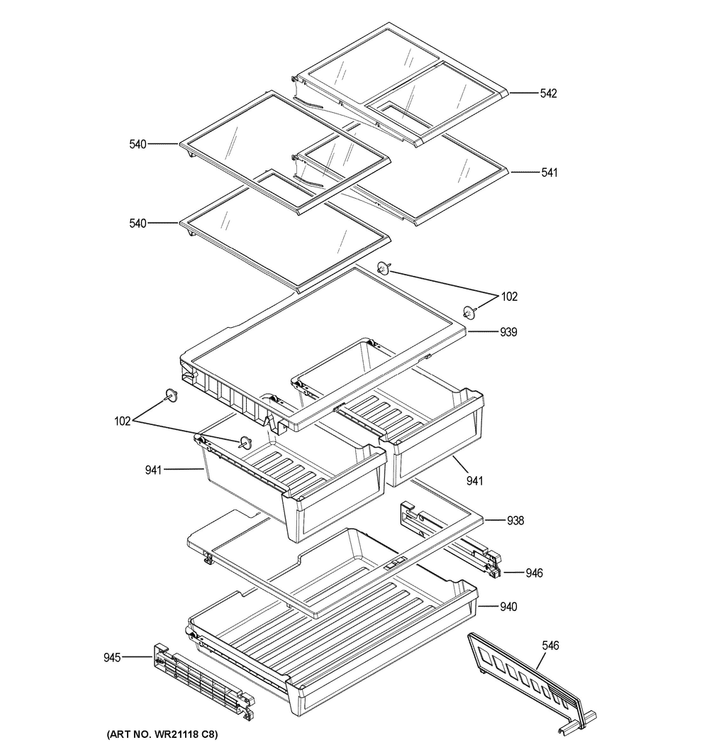 Fresh Food Shelves Diagram and Parts List for GNE25JGKZFBB  General Electric Refrigerator