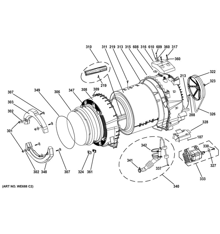 Tub & Motor Diagram and Parts List for GFWN1100H2WW  General Electric Washer