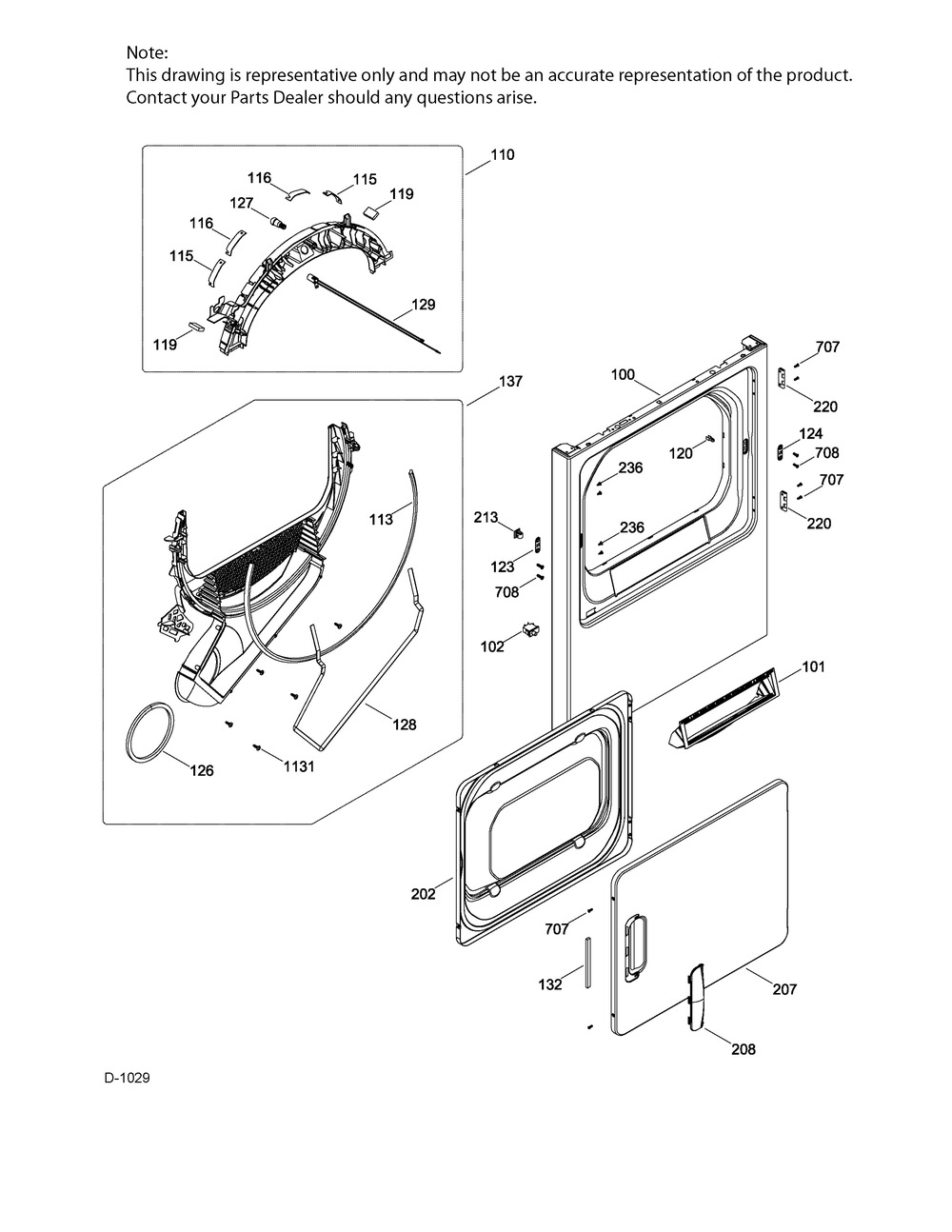 Front Panel/Door Diagram and Parts List for GMMP280ED4WS  General Electric Dryer
