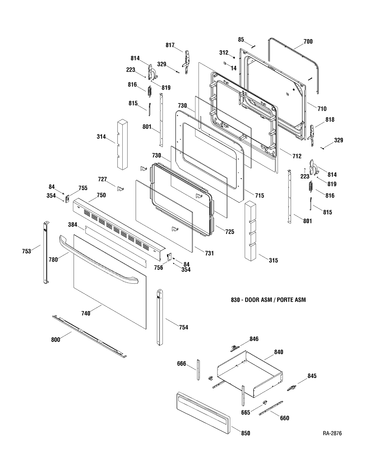 DOOR & DRAWER Diagram and Parts List for JCBP35DP1WW  General Electric Range