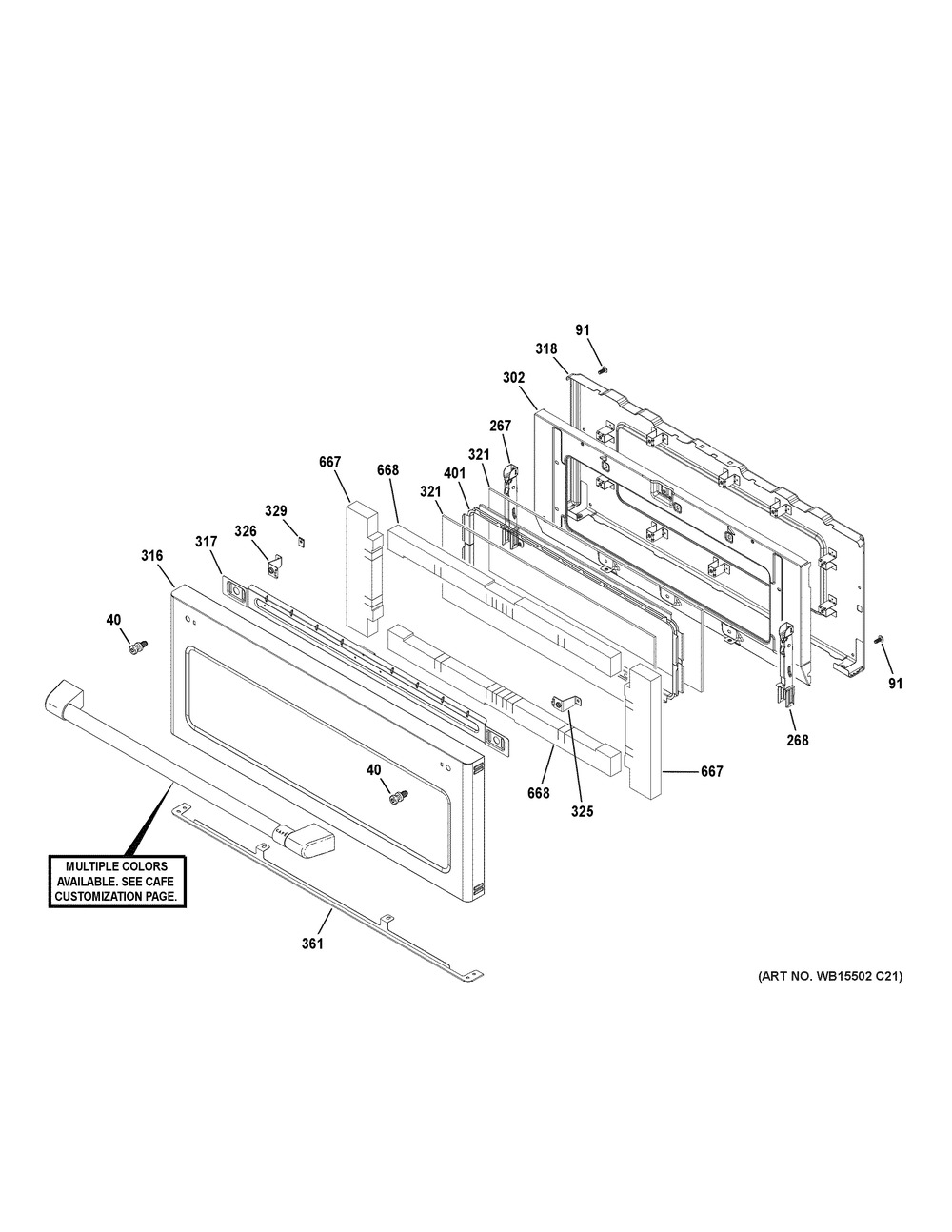 Upper Door Diagram and Parts List for CES750P2M4S1  General Electric Range