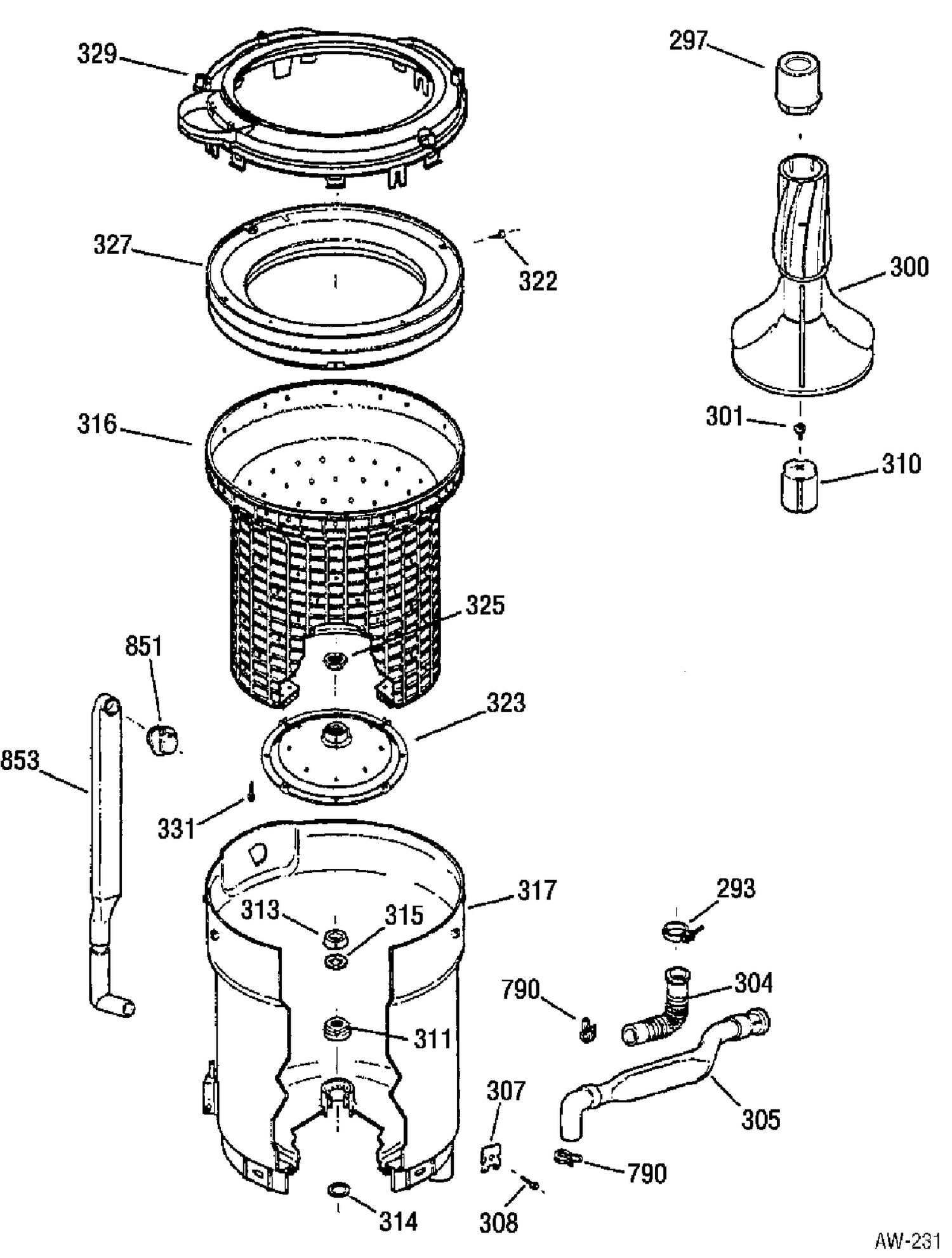 TUB & AGITATOR ASSEMBLY Diagram and Parts List for MNSR1060W1WW  General Electric Washer