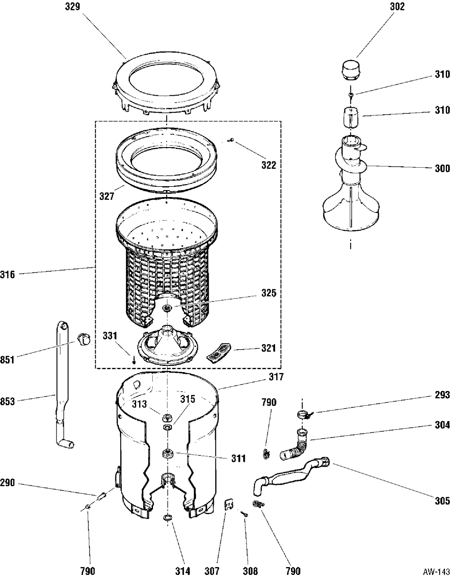 TUB, BASKET & AGITATOR Diagram and Parts List for WCCB2050T6AC  General Electric Washer