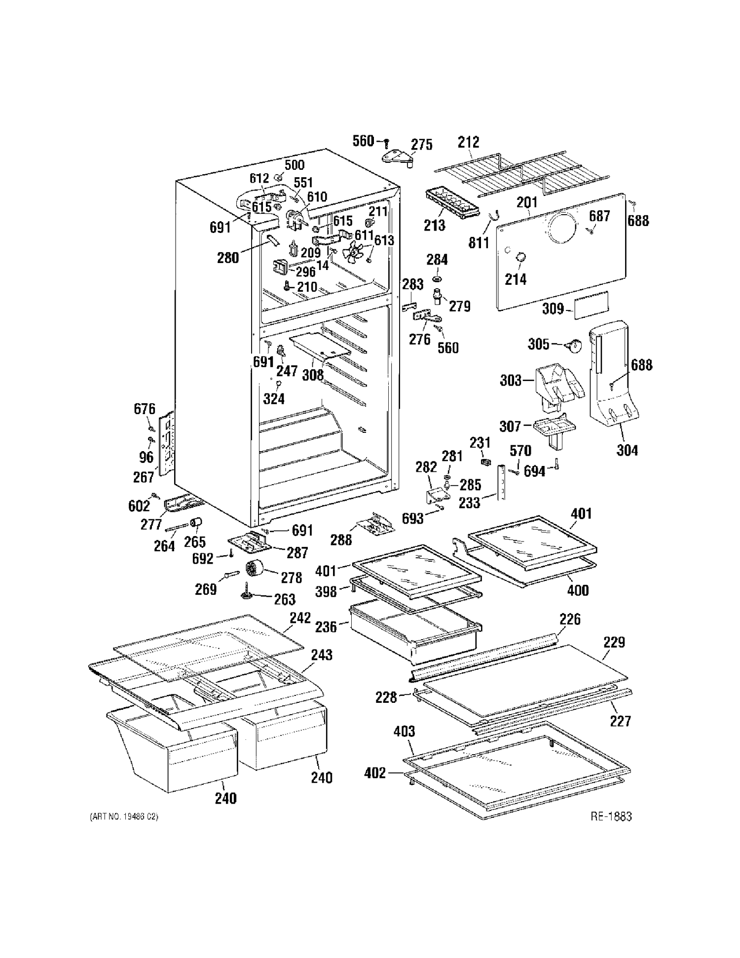 CABINET & SHELVING Diagram and Parts List for 38451HBRFRWW  General Electric Refrigerator