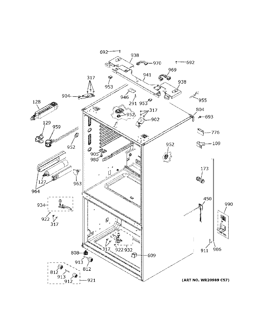 Case parts Diagram and Parts List for GWE23GENDDS  General Electric Refrigerator