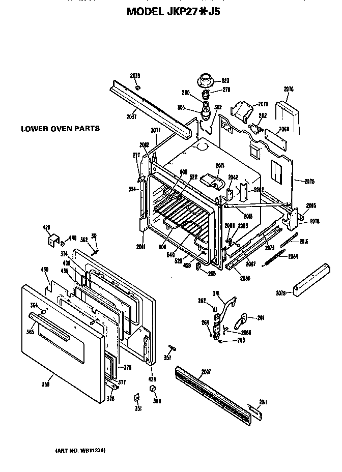 Lower Oven Diagram and Parts List for JKP27J5  General Electric Wall Oven