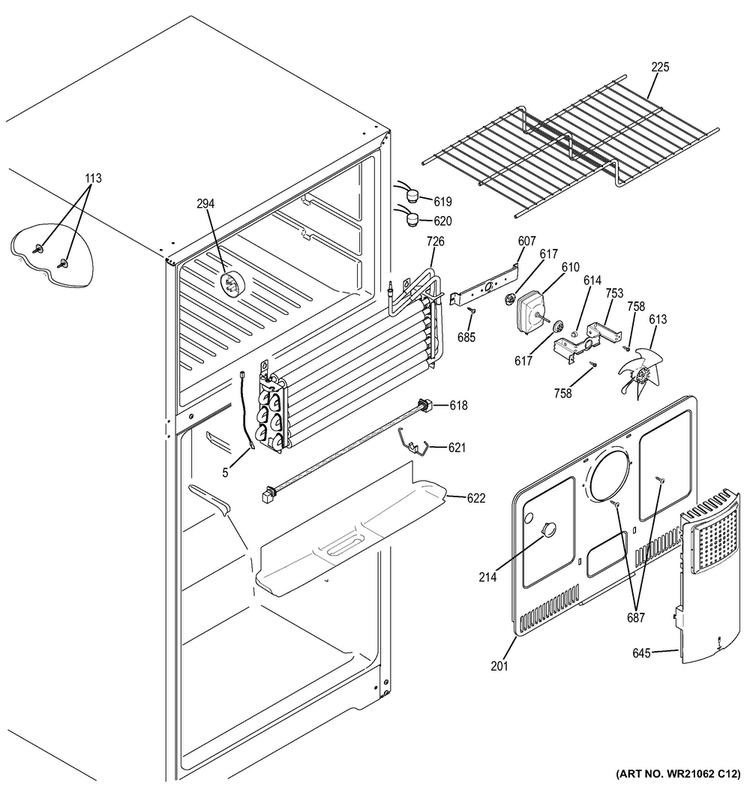 Freezer Section Diagram and Parts List for GTE18ETHCRWW  General Electric Refrigerator