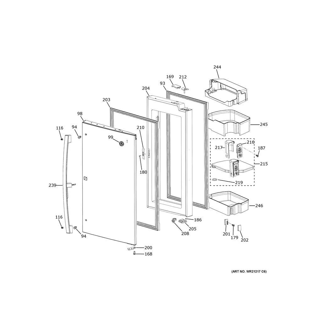 Refrigerator Door - Rh Diagram and Parts List for PXD22BYPCFS  General Electric Refrigerator