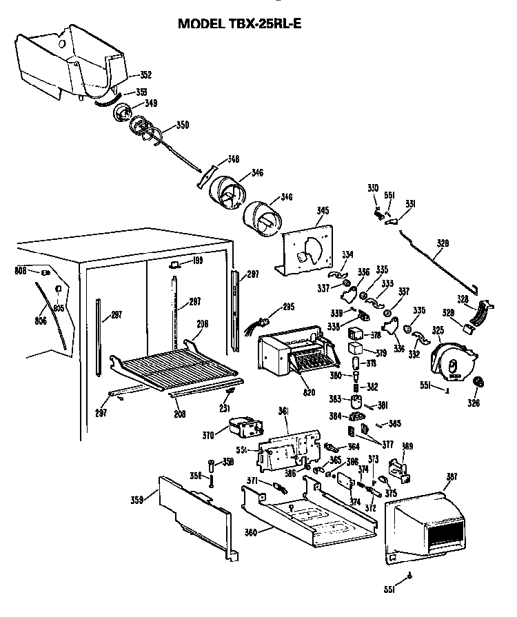 Ice Bucket/auger Diagram and Parts List for TBX25RLER  General Electric Refrigerator