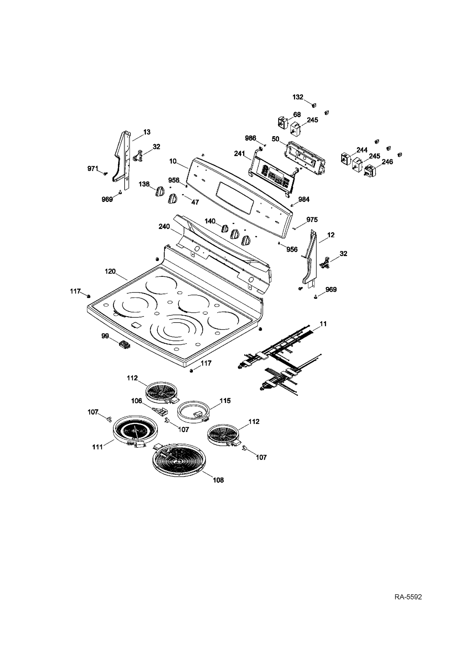 CONTROL PANEL & COOKTOP Diagram and Parts List for PCB940DF1WW  General Electric Range