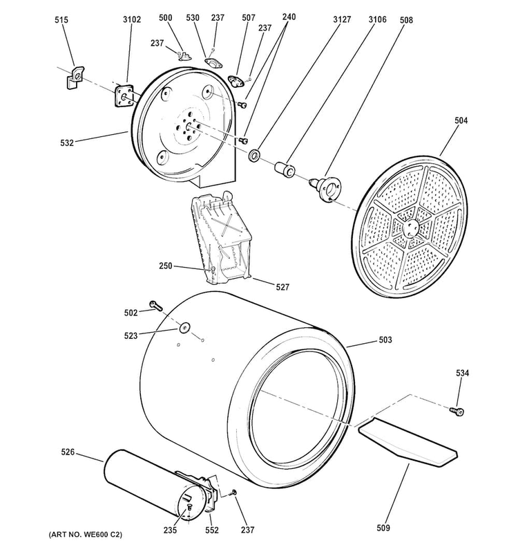Drum Diagram and Parts List for GTDS560GF5WS  General Electric Dryer