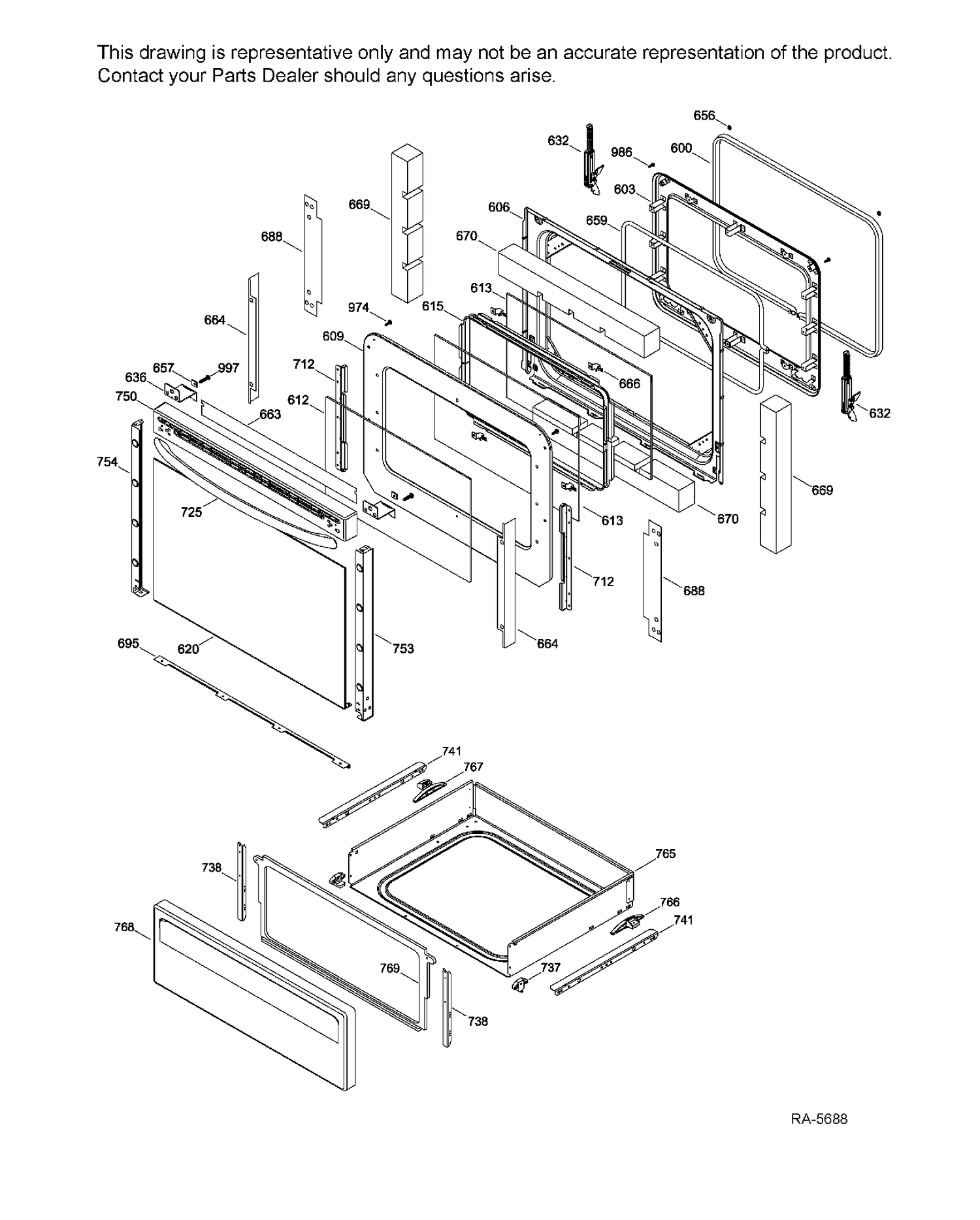 DOOR & DRAWER Diagram and Parts List for JCB635DF1BB  General Electric Range