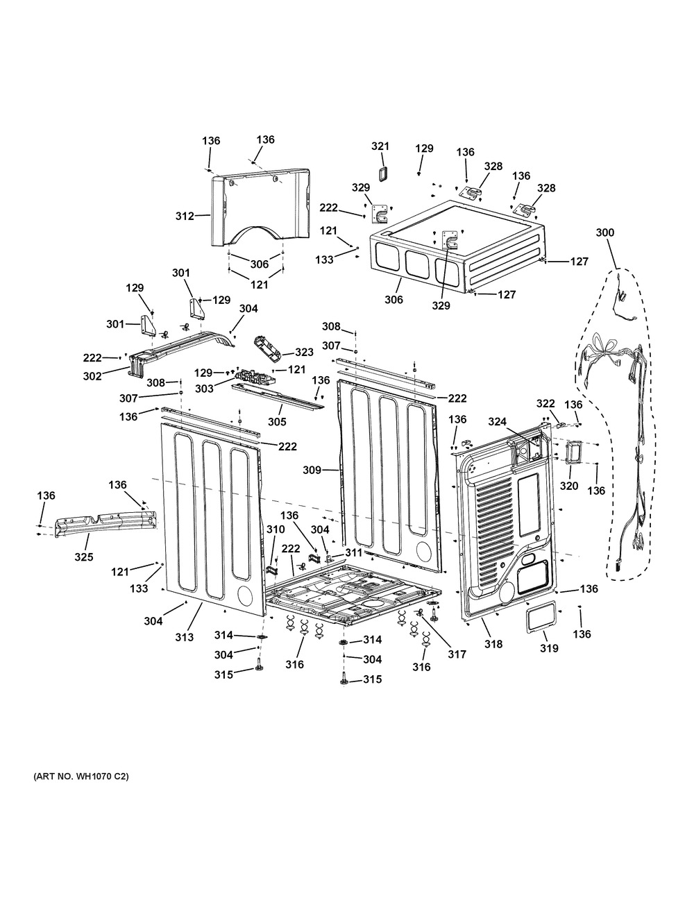 Cabinet And Top Panel Diagram and Parts List for VFD31EDSR0WW  General Electric Dryer
