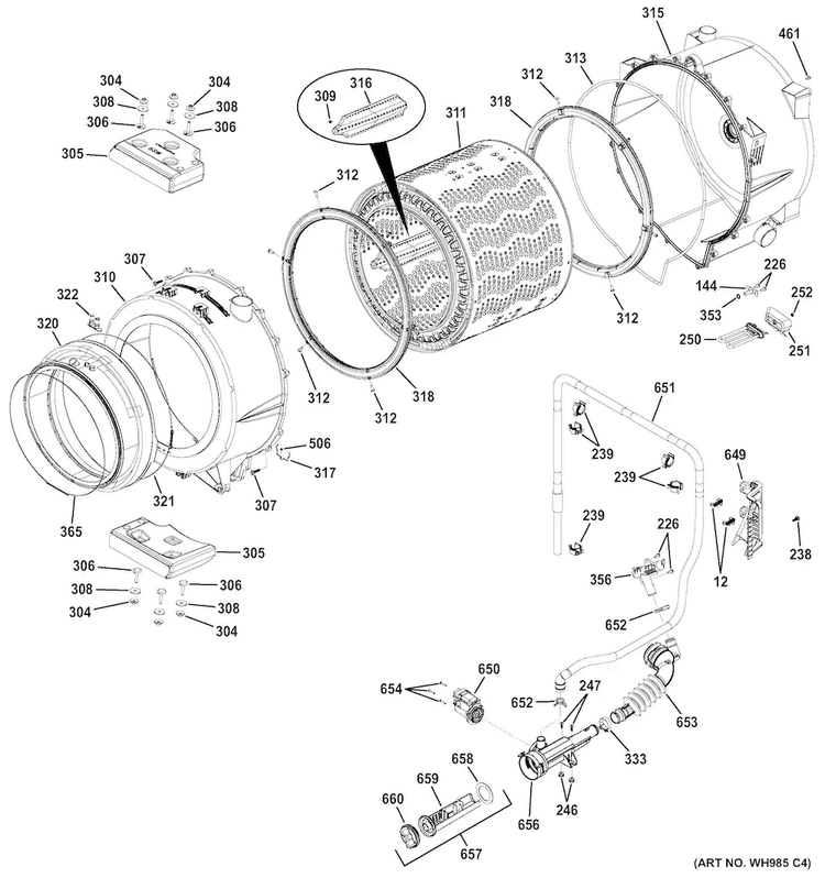 Tub & Motor Diagram and Parts List for GFWS2600F1WW  General Electric Washer
