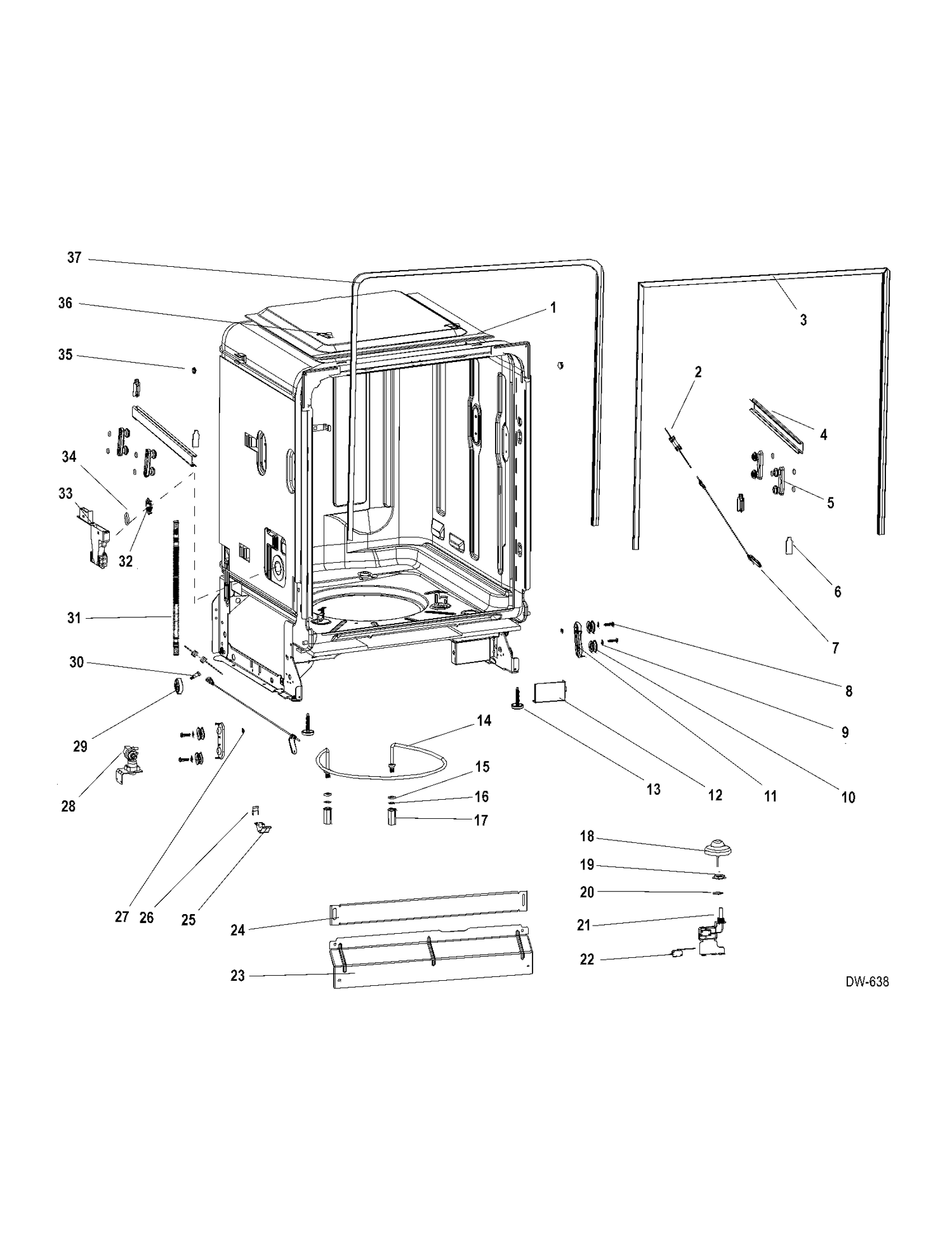 CABINET Diagram and Parts List for GDWF860V00SS  General Electric Dishwasher
