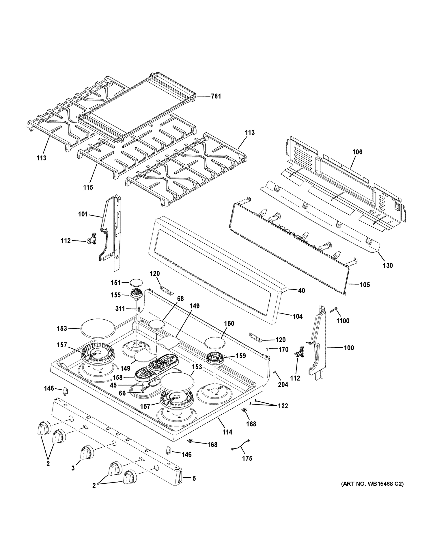 CONTROL PANEL & COOKTOP Diagram and Parts List for PGB960BEJ1TS  General Electric Range