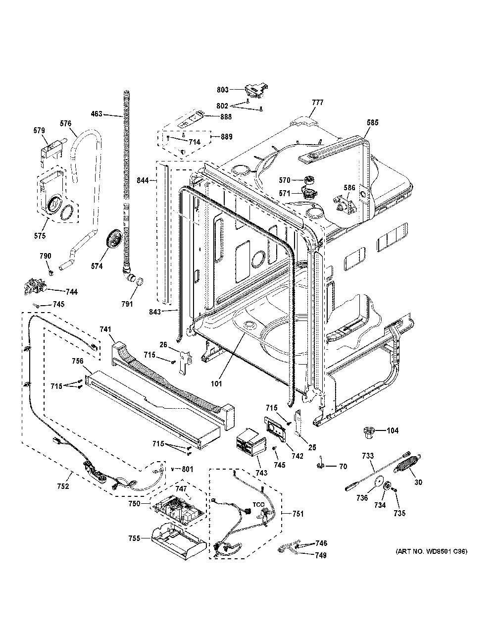Body Parts Diagram and Parts List for GDT645SYN5FS  General Electric Dishwasher