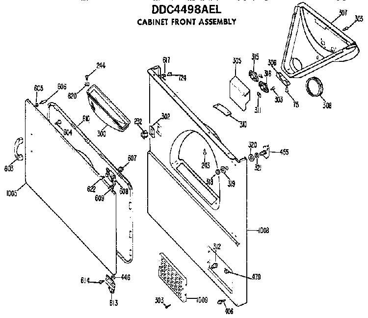 Cabinet Front Diagram and Parts List for DDC4498AEL  General Electric Dryer