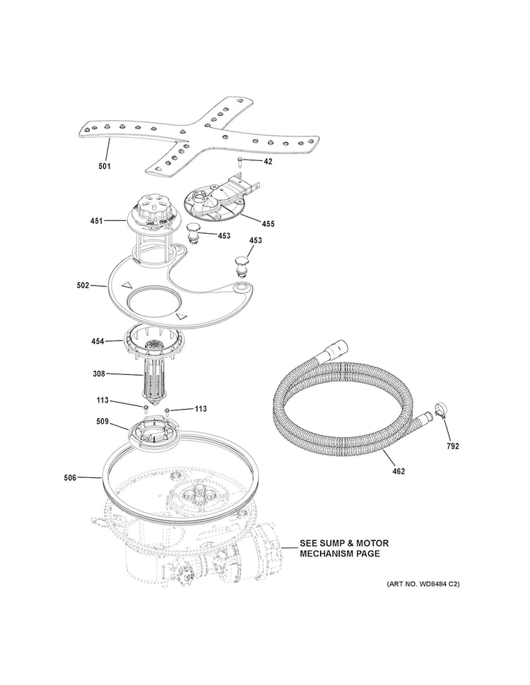 Sump & Filter Assembly Diagram and Parts List for GDT720SSF2SS  General Electric Dishwasher