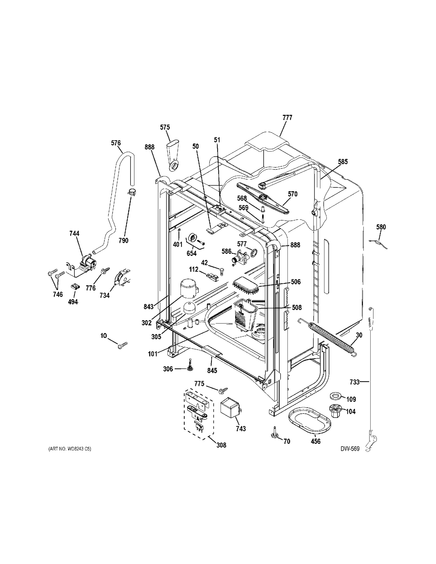 BODY PARTS Diagram and Parts List for GLD3846T05SS  General Electric Dishwasher