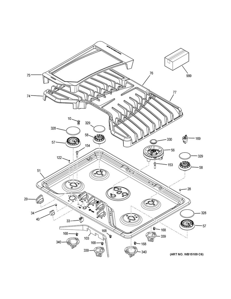 Control Panel & Cooktop Diagram and Parts List for PGP959SET4SS  General Electric Cooktop