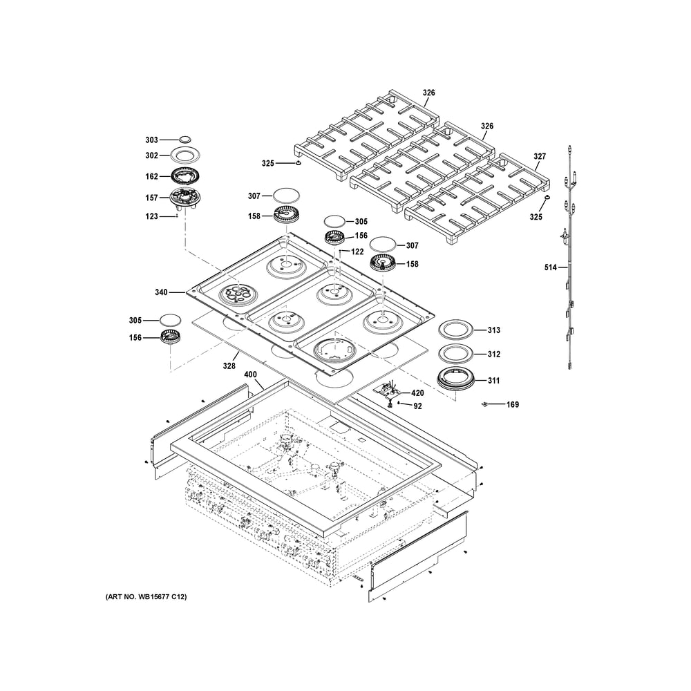 Cooktop Diagram and Parts List for CGU366P3T2D1  General Electric Cooktop