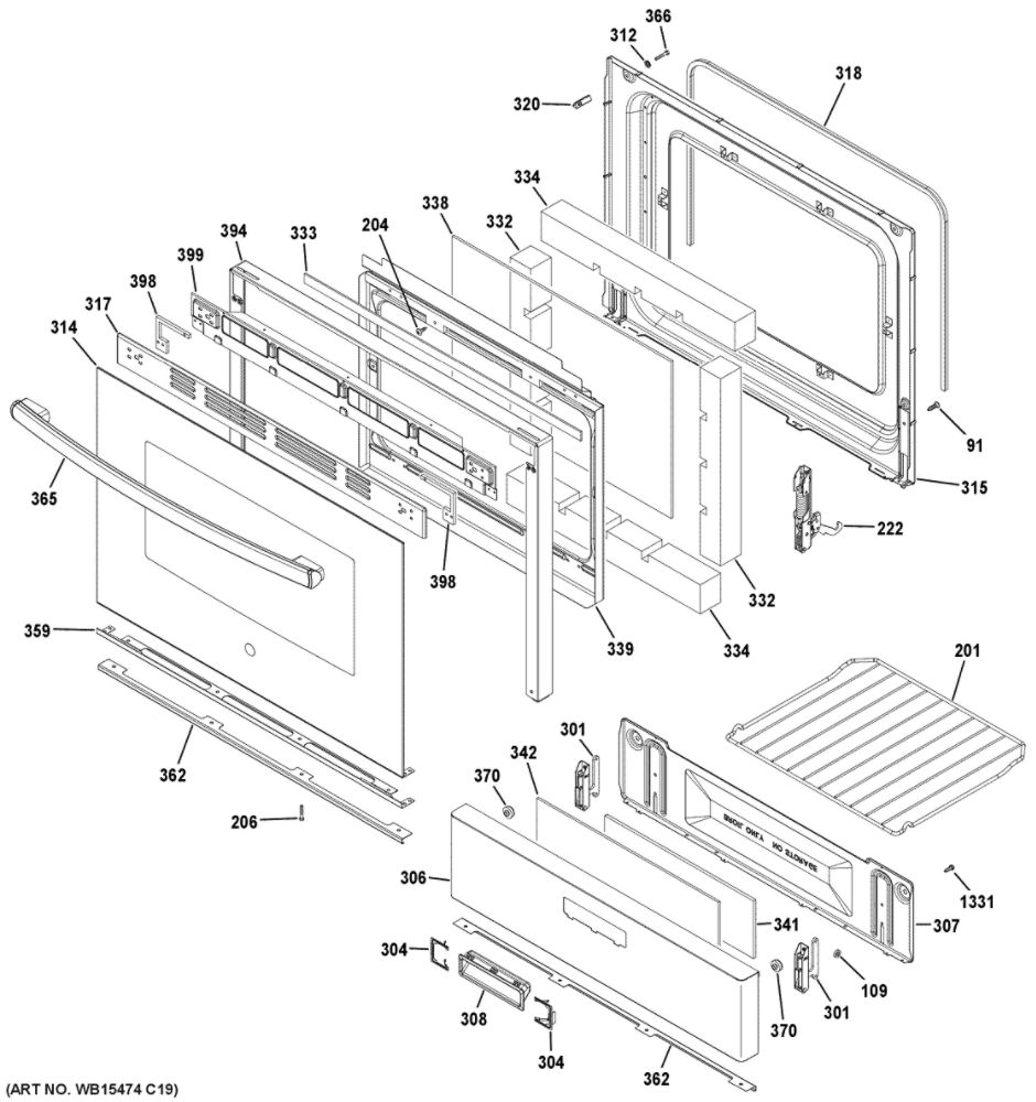 Door And Drawer Parts Diagram and Parts List for JGBS30DEK1BB  General Electric Range