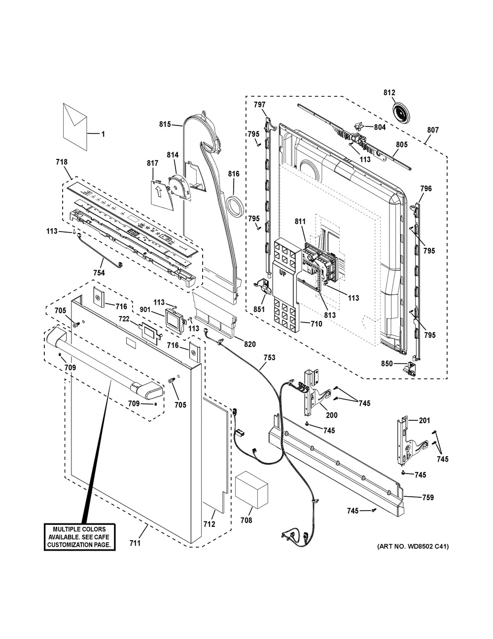 Escutcheon And Door Assembly Diagram and Parts List for CDT875P2NBS1  General Electric Dishwasher