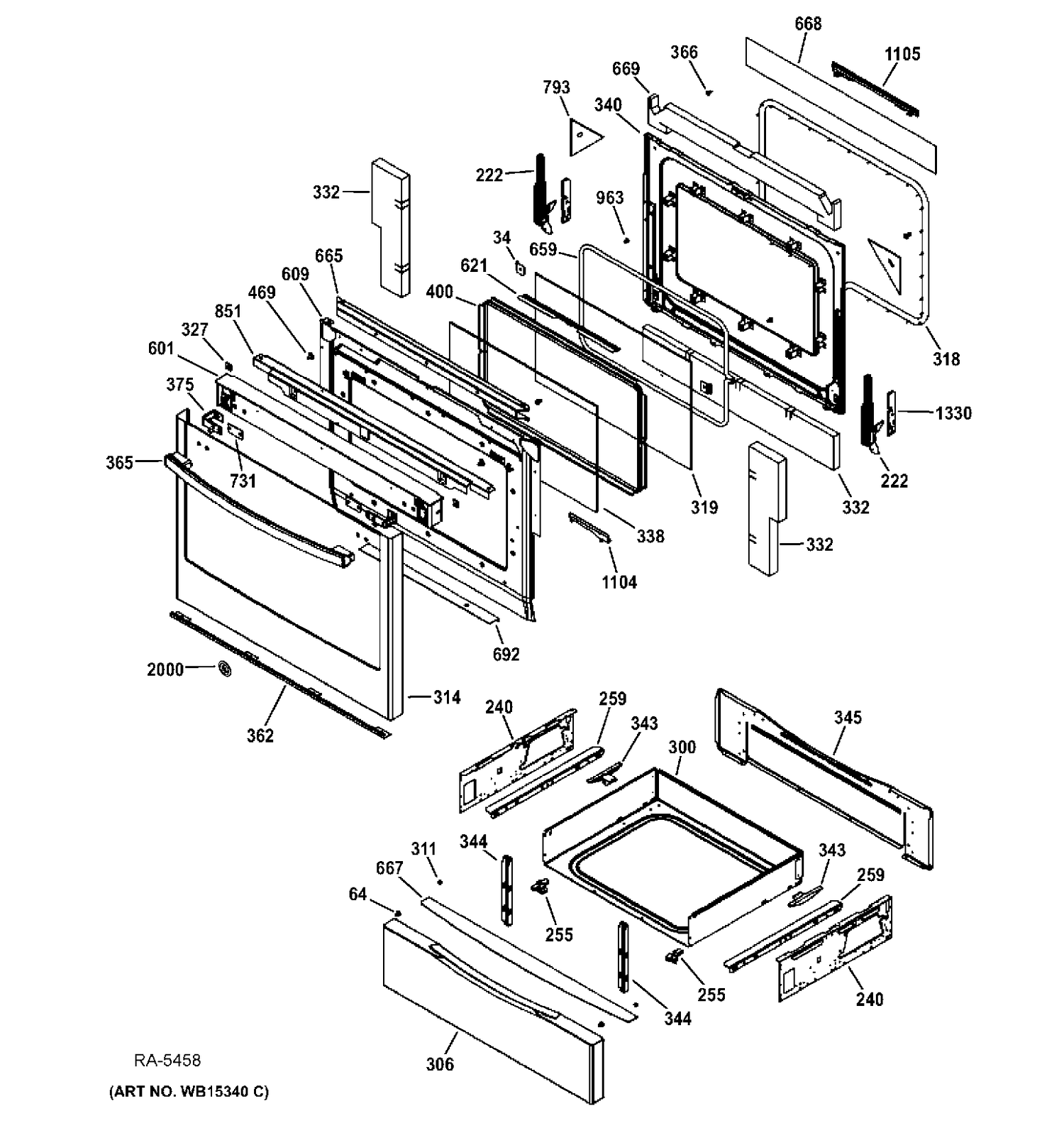 DOOR & DRAWER PARTS Diagram and Parts List for JCGS650DEF1WW  General Electric Range