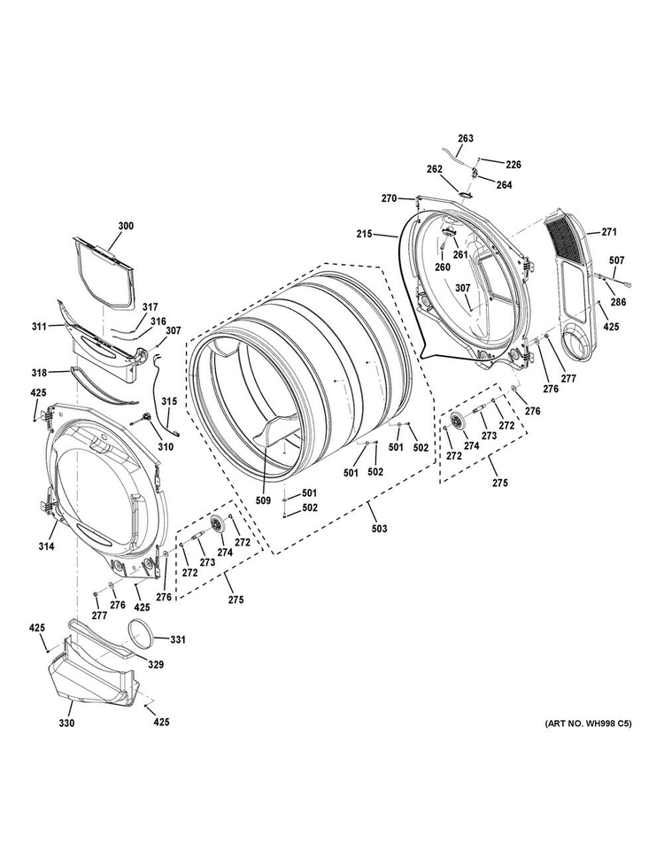 Drum Diagram and Parts List for GFD48GSSK0WW  General Electric Dryer