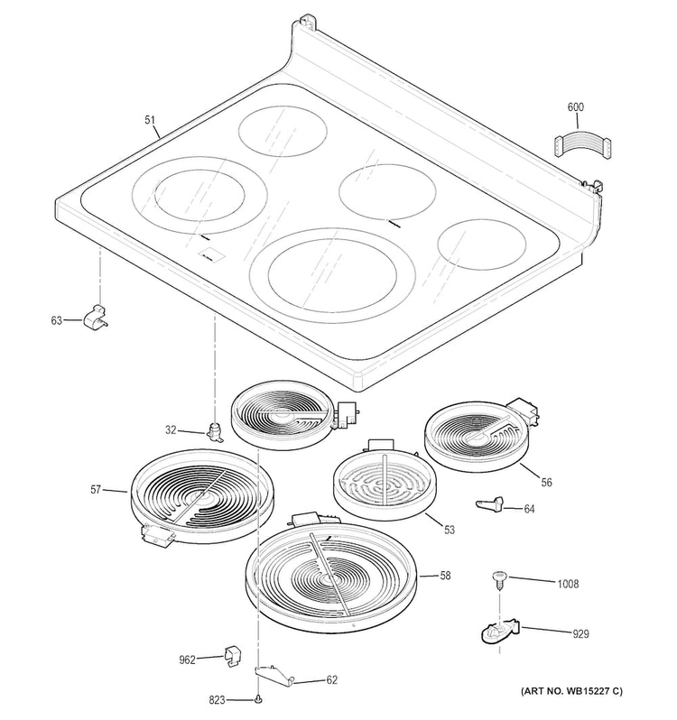 Cooktop Diagram and Parts List for JB850DF2WW  General Electric Range
