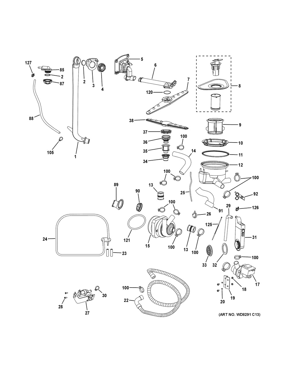 Motor-pump Mechanism Diagram and Parts List for ZBD1870N03SS  General Electric Dishwasher